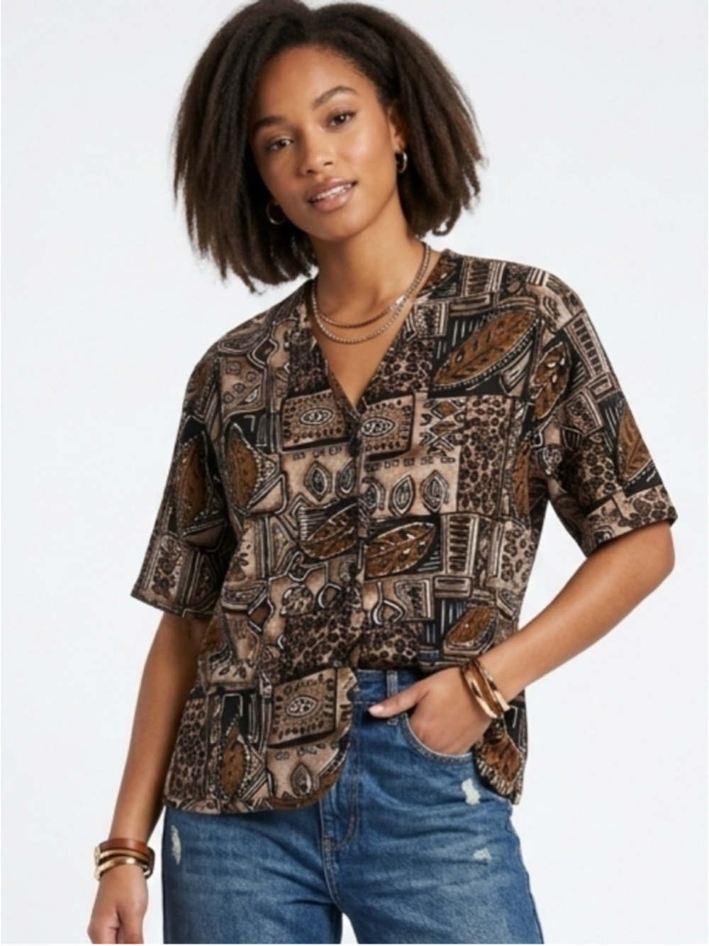 Women's Vintage 90s Stunt 100% Silk Patchwork Abstract Blouse Medium - 706